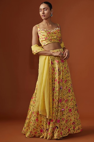 Yellow Silk Digital Printed & Mirror Cutwork Embroidered Lehenga Set by Ne'Chi