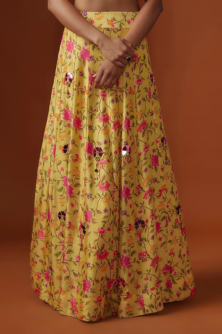 Yellow Silk Digital Printed & Mirror Cutwork Embroidered Lehenga Set by Ne'Chi at Pernia's Pop Up Shop