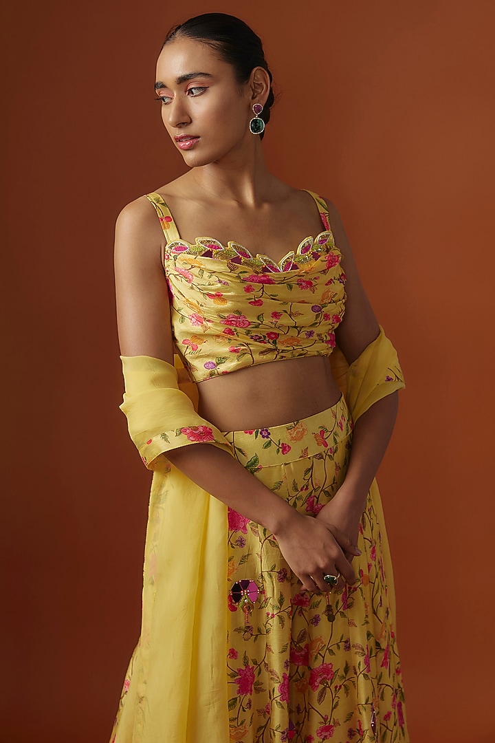 Yellow Silk Digital Printed & Mirror Cutwork Embroidered Lehenga Set by Ne'Chi at Pernia's Pop Up Shop