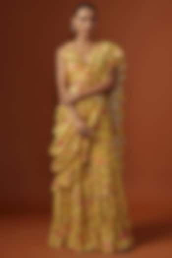 Yellow Silk Digital Printed & Mirror Embroidered Pre-Stitched Saree Set by Ne'Chi