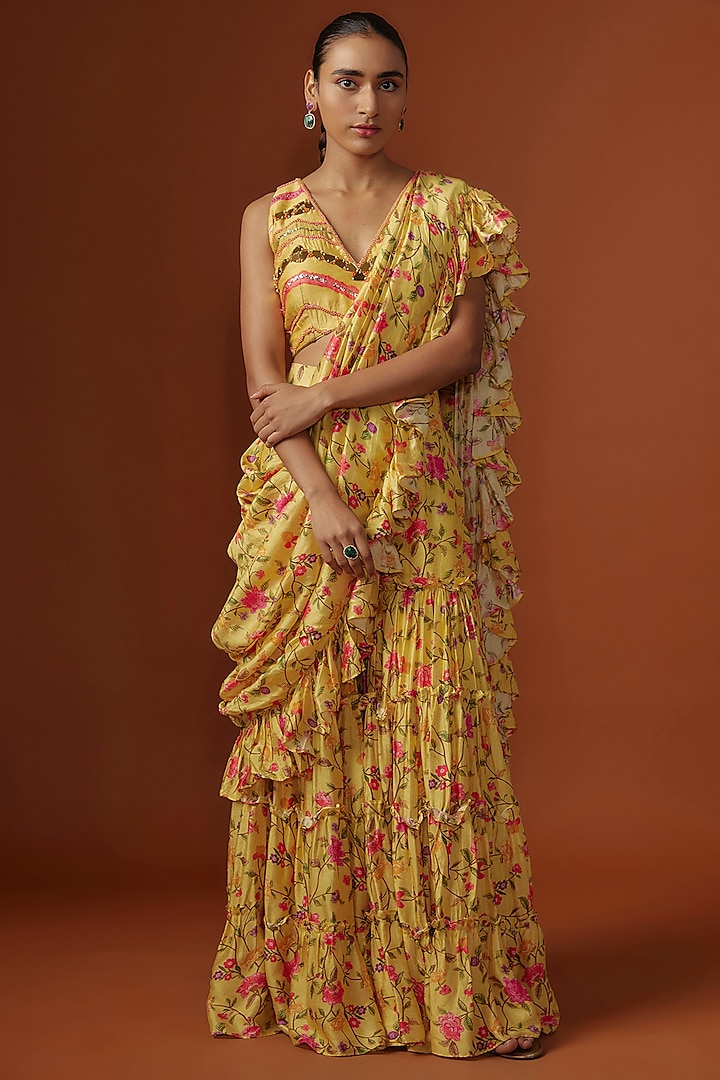 Yellow Silk Digital Printed & Mirror Embroidered Pre-Stitched Saree Set by Ne'Chi