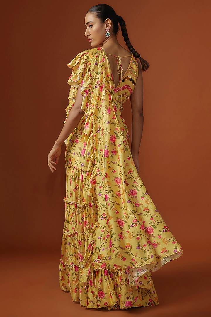 Yellow Silk Digital Printed & Mirror Embroidered Pre-Stitched Party Wear Saree Set by Ne'Chi at Pernia's Pop Up Shop