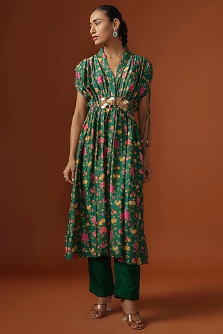 Green Silk Mirror Embroidered & Digital Printed Kaftan Set by Ne'Chi