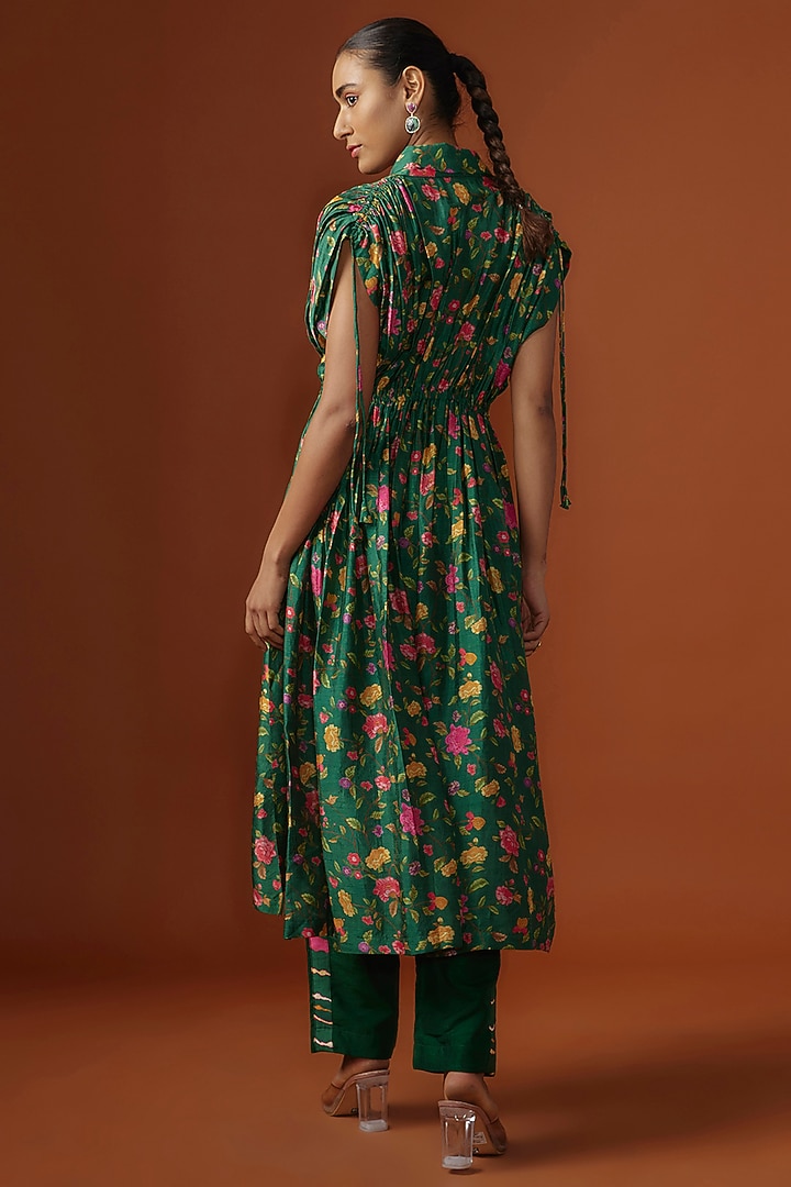 Green Silk Mirror Embroidered & Digital Printed Kaftan Set by Ne'Chi at Pernia's Pop Up Shop