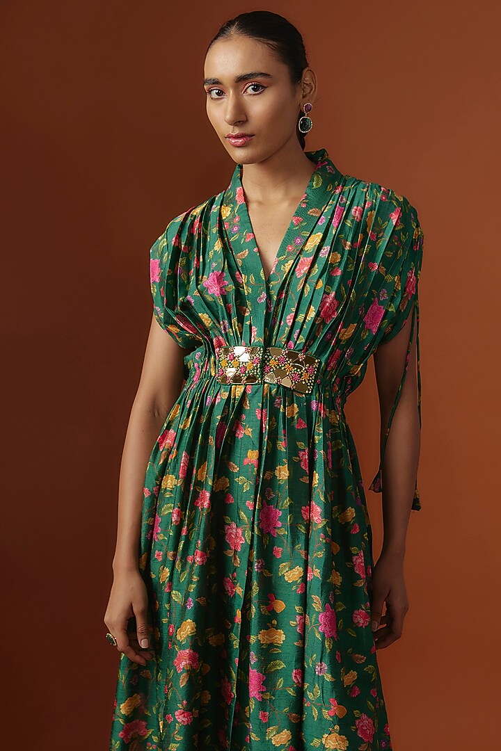 Green Silk Mirror Embroidered & Digital Printed Kaftan Set by Ne'Chi at Pernia's Pop Up Shop