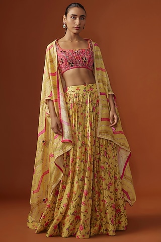 Yellow Silk Digital Printed Cape Set by Ne'Chi