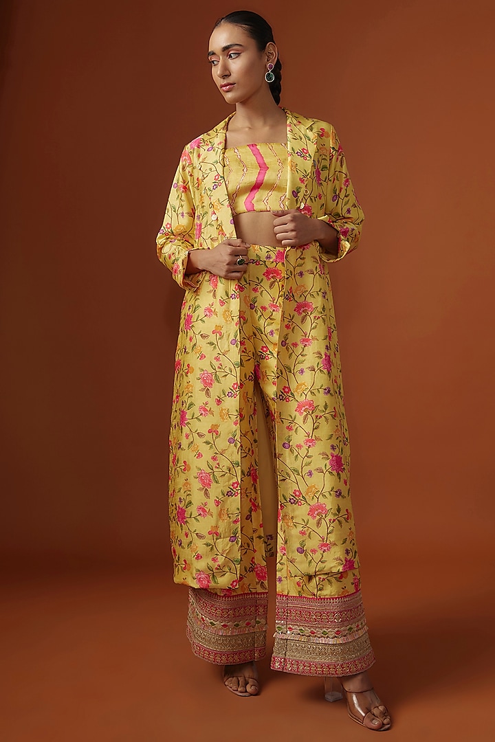 Yellow Slub Silk Digital Printed & Mirror Embroidered Jacket Set by Ne'Chi
