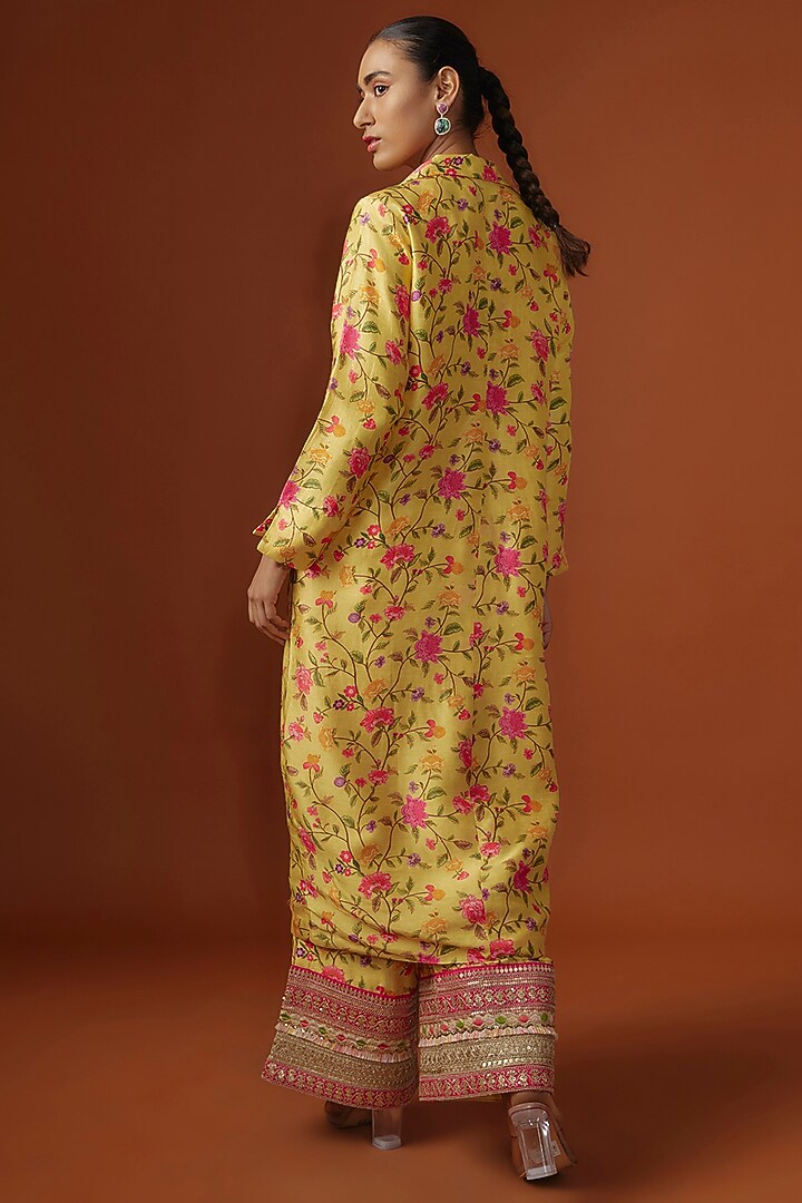 Yellow Slub Silk Digital Printed & Mirror Embroidered Jacket Set by Ne'Chi at Pernia's Pop Up Shop