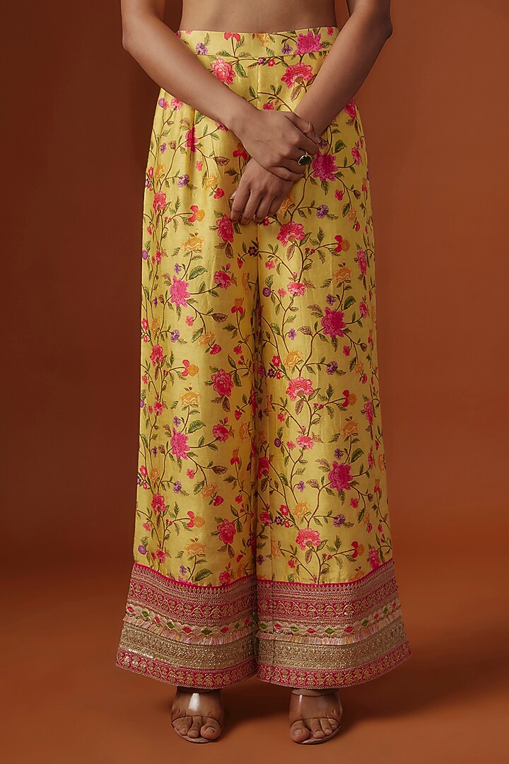 Yellow Slub Silk Digital Printed & Mirror Embroidered Jacket Set by Ne'Chi at Pernia's Pop Up Shop