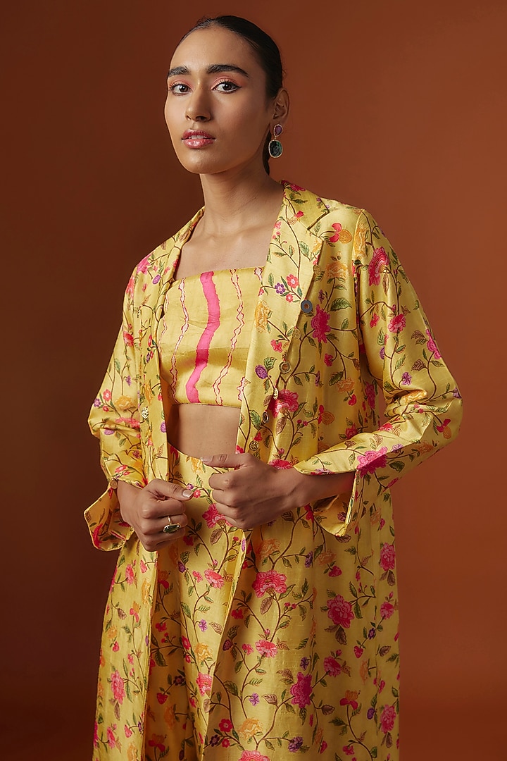 Yellow Slub Silk Digital Printed & Mirror Embroidered Jacket Set by Ne'Chi at Pernia's Pop Up Shop