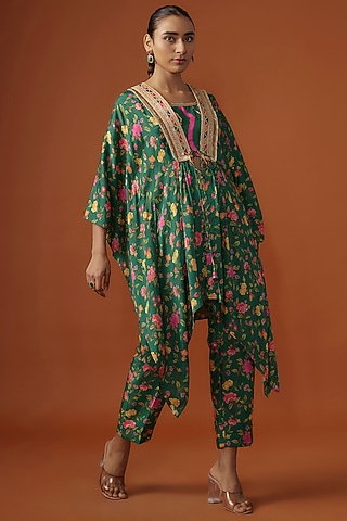 Green Silk Floral Digital Printed & Mirror Embroidered Kaftan Set by Ne'Chi