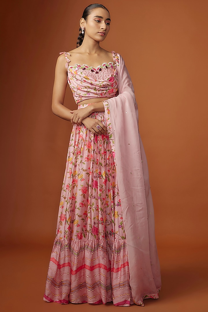 Pink Silk Digital Printed & Mirror Embroidered Lehenga Set by Ne'Chi