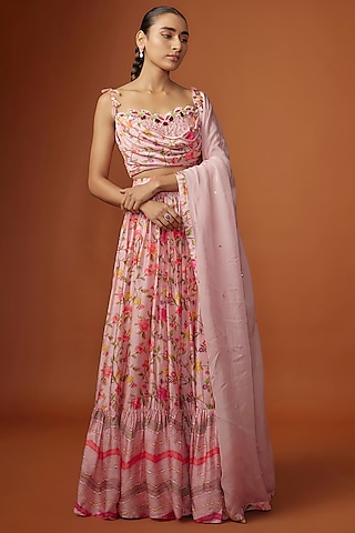 Pink Silk Digital Printed & Mirror Embroidered Lehenga Set by Ne'Chi