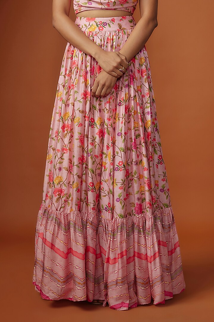 Pink Silk Digital Printed & Mirror Embroidered Lehenga Set by Ne'Chi at Pernia's Pop Up Shop