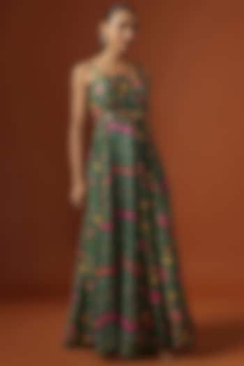 Green Silk Floral Digital Printed & Mirror Embroidered Maxi Dress by Ne'Chi