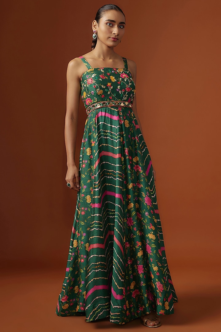 Green Silk Floral Digital Printed & Mirror Embroidered Maxi Dress by Ne'Chi