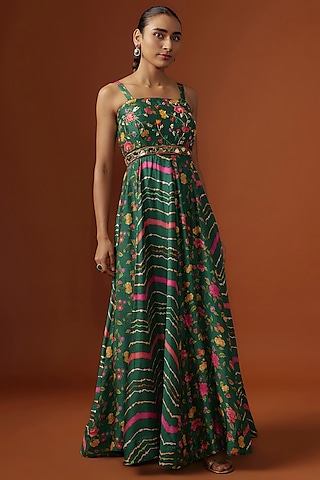 Green Silk Floral Digital Printed & Mirror Embroidered Maxi Dress by Ne'Chi