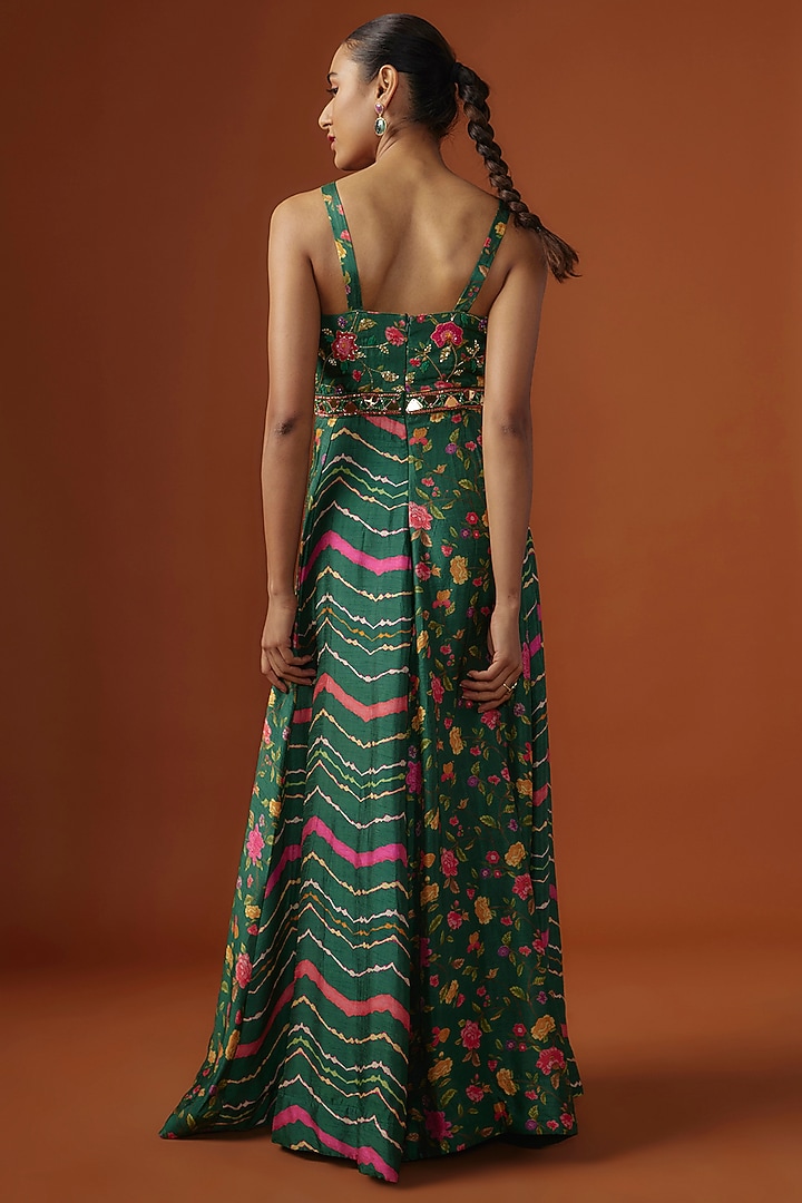 Green Silk Floral Digital Printed & Mirror Embroidered Maxi Summer Dress by Ne'Chi at Pernia's Pop Up Shop