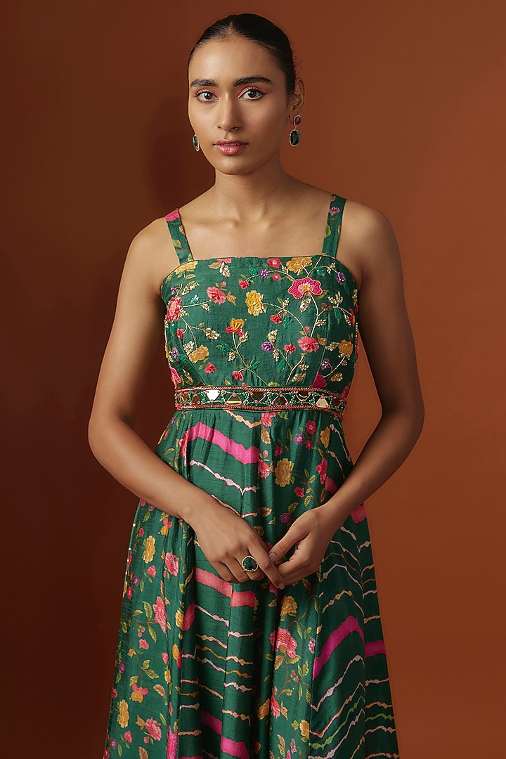 Green Silk Floral Digital Printed & Mirror Embroidered Maxi Summer Dress by Ne'Chi at Pernia's Pop Up Shop
