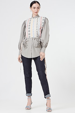 Grey Cotton Shirt With Overlay by NihPri