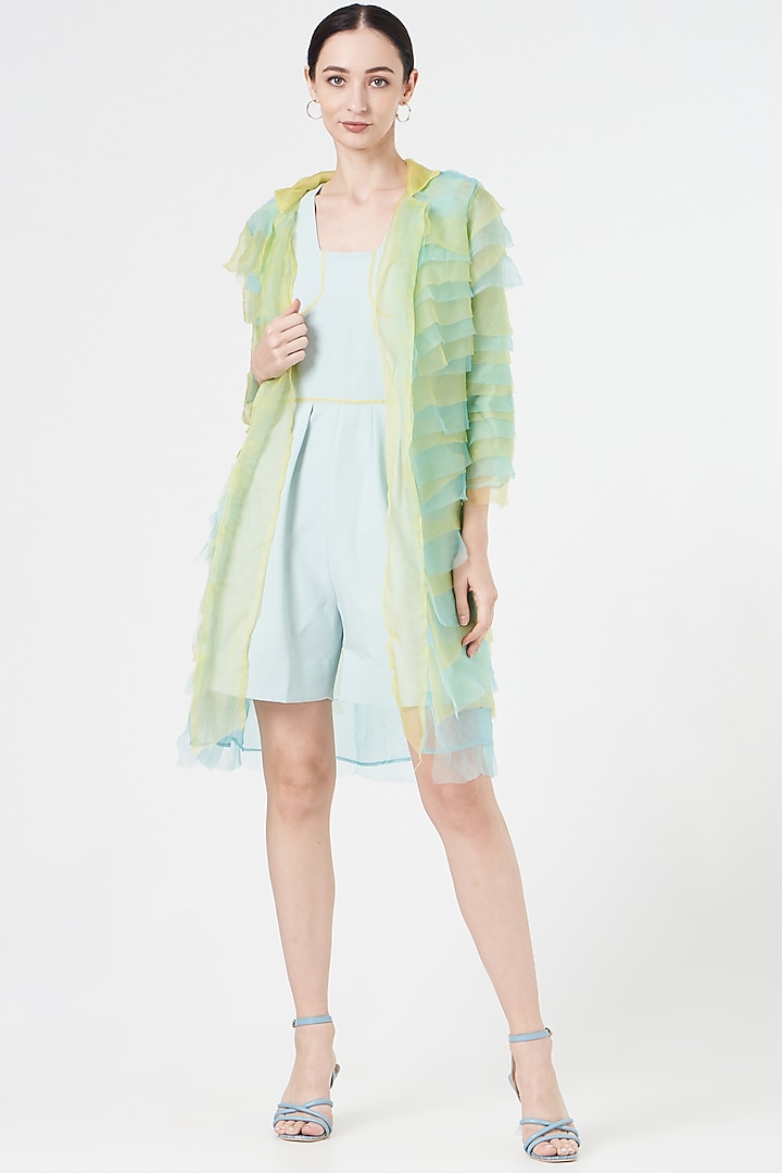 Light Blue Crepe Playsuit With Cape by NihPri