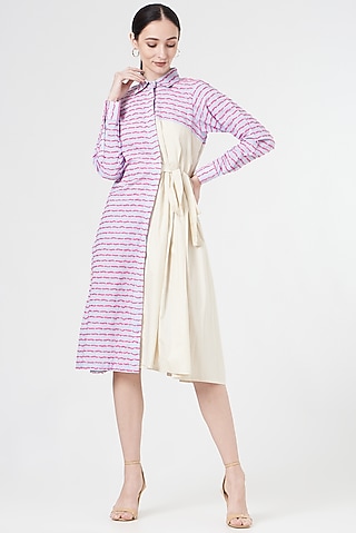 White & Blue Cotton Pleated Dress by NihPri