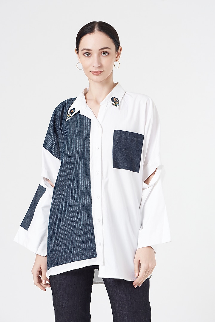 White & Blue Cotton Shirt by NihPri at Pernia's Pop Up Shop