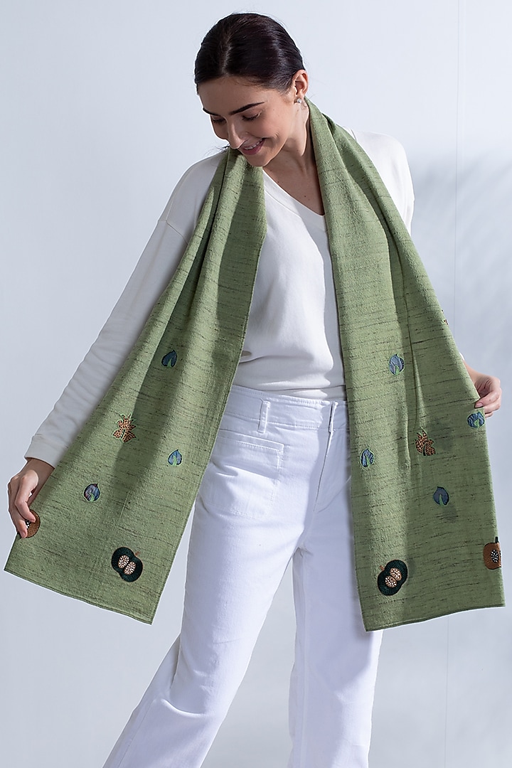 Green Wool Embroidered Stole by Niiyaa at Pernia's Pop Up Shop