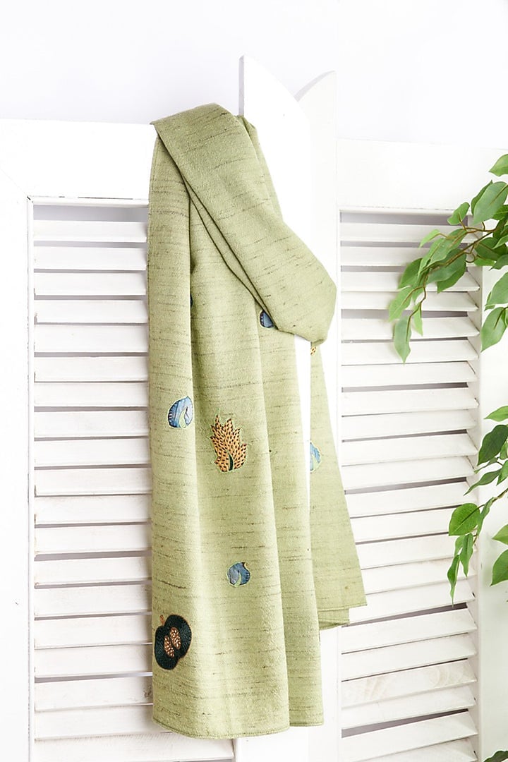 Green Wool Embroidered Stole by Niiyaa at Pernia's Pop Up Shop