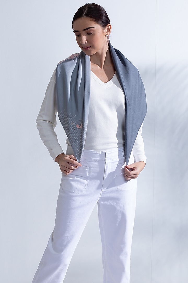 Grey Hand Embroidered Stole by Niiyaa at Pernia's Pop Up Shop
