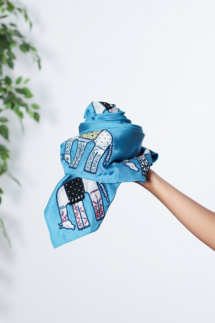 Blue Silk Hand Embroidered Stole by Niiyaa at Pernia's Pop Up Shop