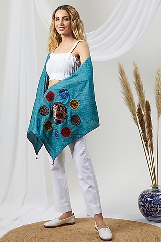 Blue Block Printed Stole by Niiyaa