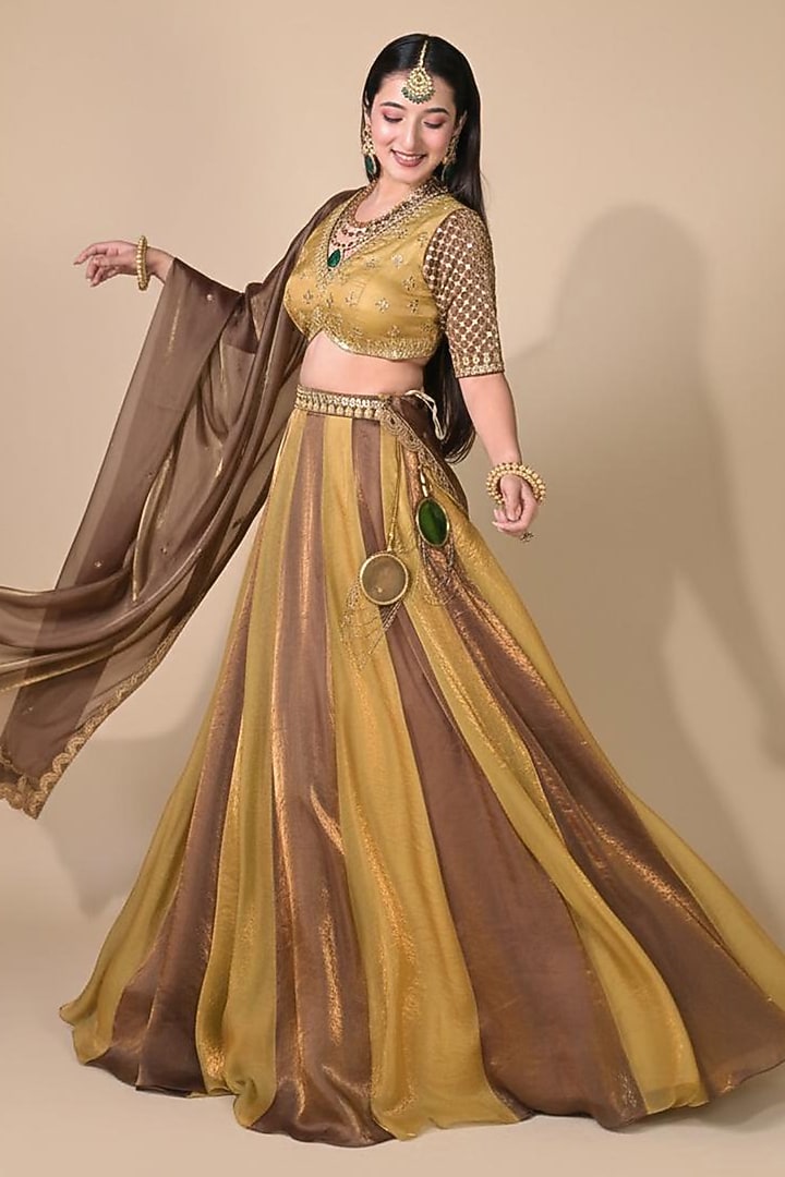 Golden Imported Tissue Wedding Lehenga Set by Label Nilansha Jain at Pernia's Pop Up Shop