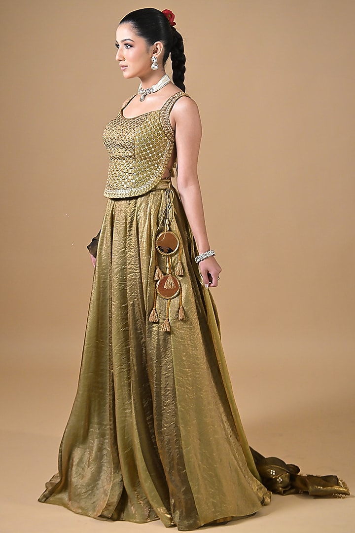 Gold Imported Tissue Wedding Lehenga Set by Label Nilansha Jain at Pernia's Pop Up Shop