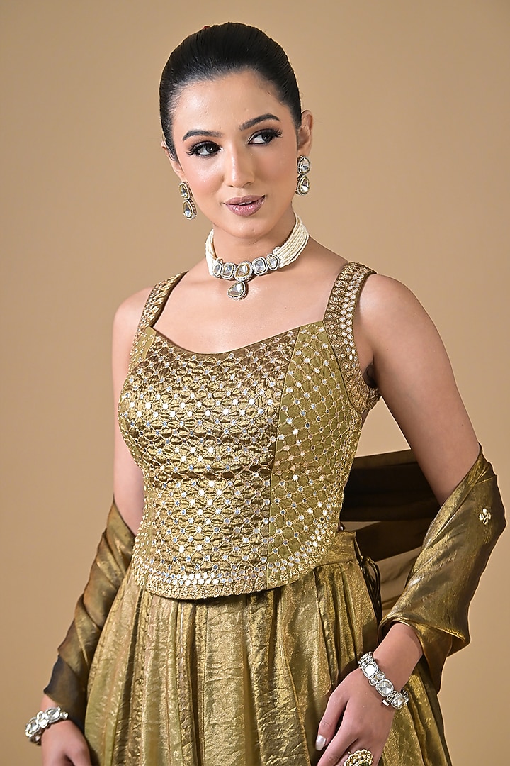 Gold Imported Tissue Wedding Lehenga Set by Label Nilansha Jain at Pernia's Pop Up Shop