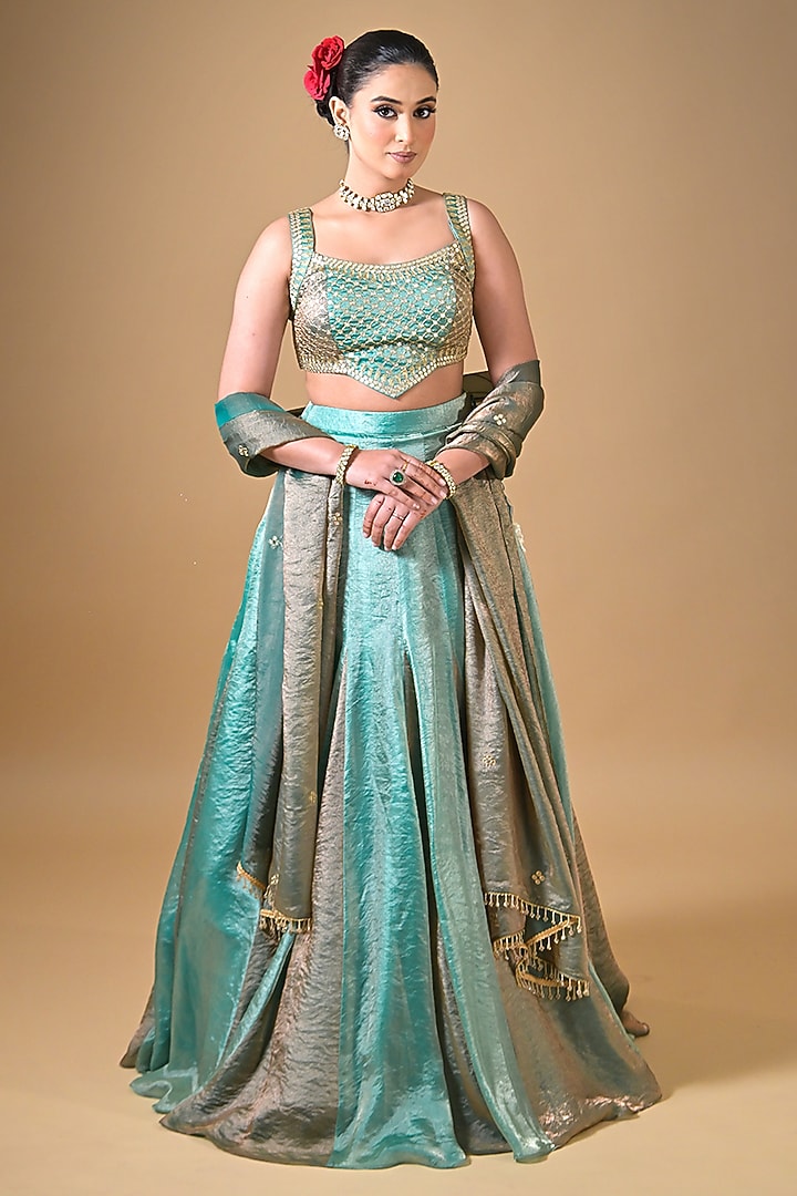 Soft Blue Imported Tissue Wedding Lehenga Set by Label Nilansha Jain at Pernia's Pop Up Shop