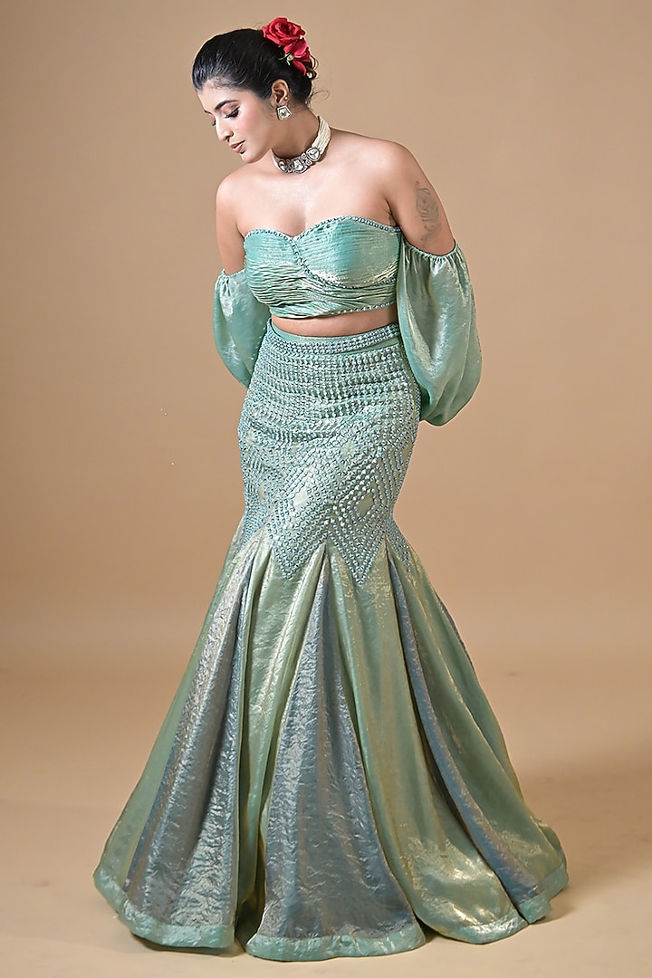 Pastel Blue Imported Tissue Fish-Cut Wedding Lehenga Set by Label Nilansha Jain at Pernia's Pop Up Shop