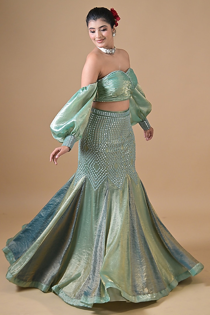 Pastel Blue Imported Tissue Fish-Cut Wedding Lehenga Set by Label Nilansha Jain at Pernia's Pop Up Shop