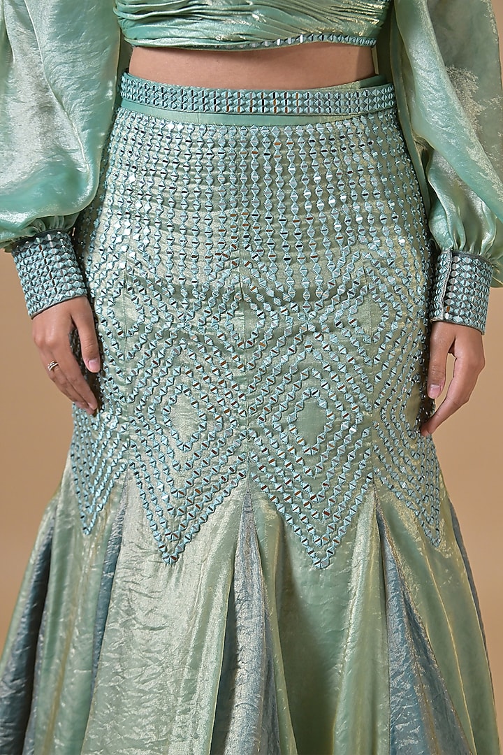 Pastel Blue Imported Tissue Fish-Cut Wedding Lehenga Set by Label Nilansha Jain at Pernia's Pop Up Shop