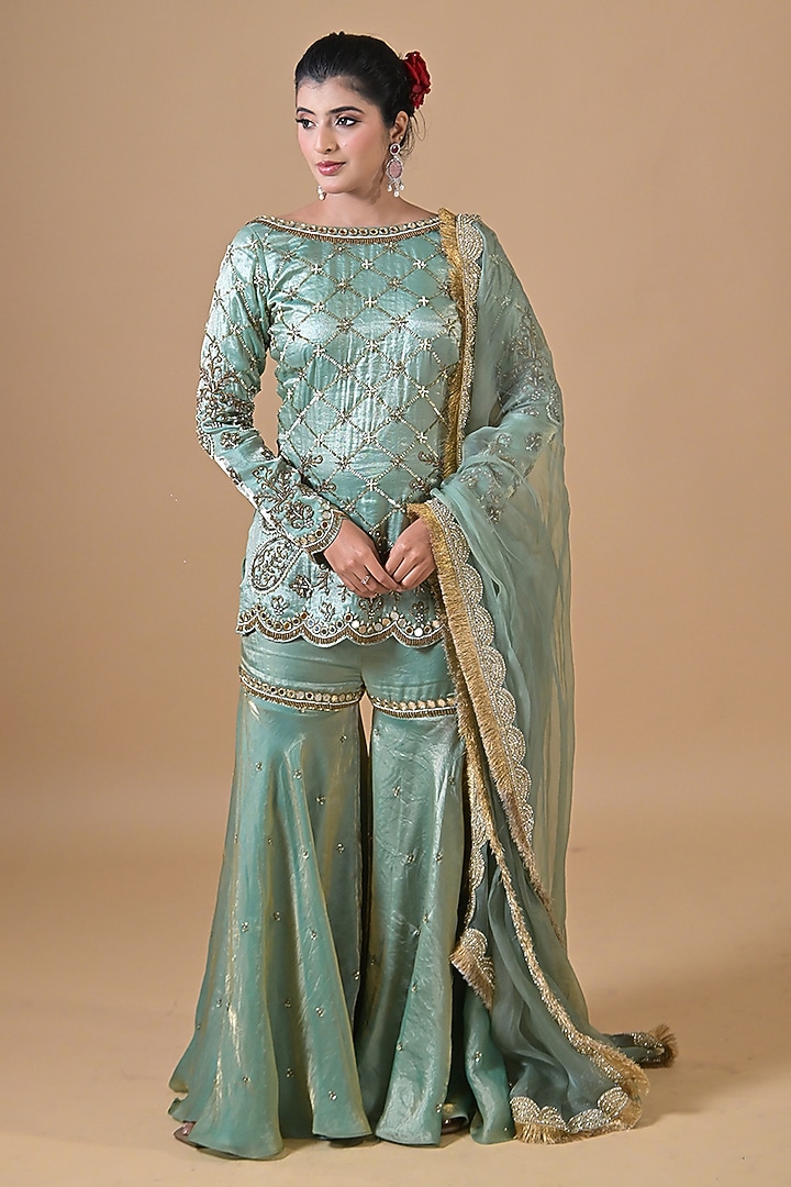 Soft Blue Imported Tissue Wedding Sharara Set by Label Nilansha Jain at Pernia's Pop Up Shop