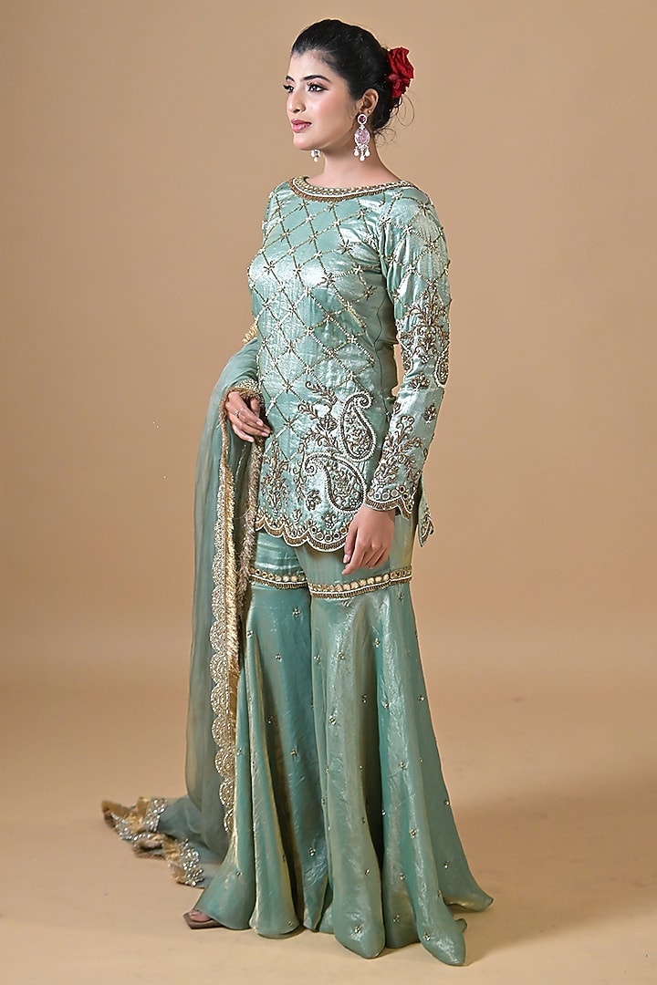 Soft Blue Imported Tissue Wedding Sharara Set by Label Nilansha Jain at Pernia's Pop Up Shop