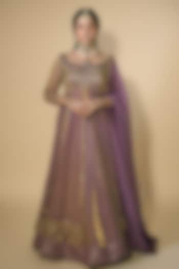 Purple Imported Tissue Sequin Embroidered Layered Wedding Anarkali Set by Label Nilansha Jain at Pernia's Pop Up Shop