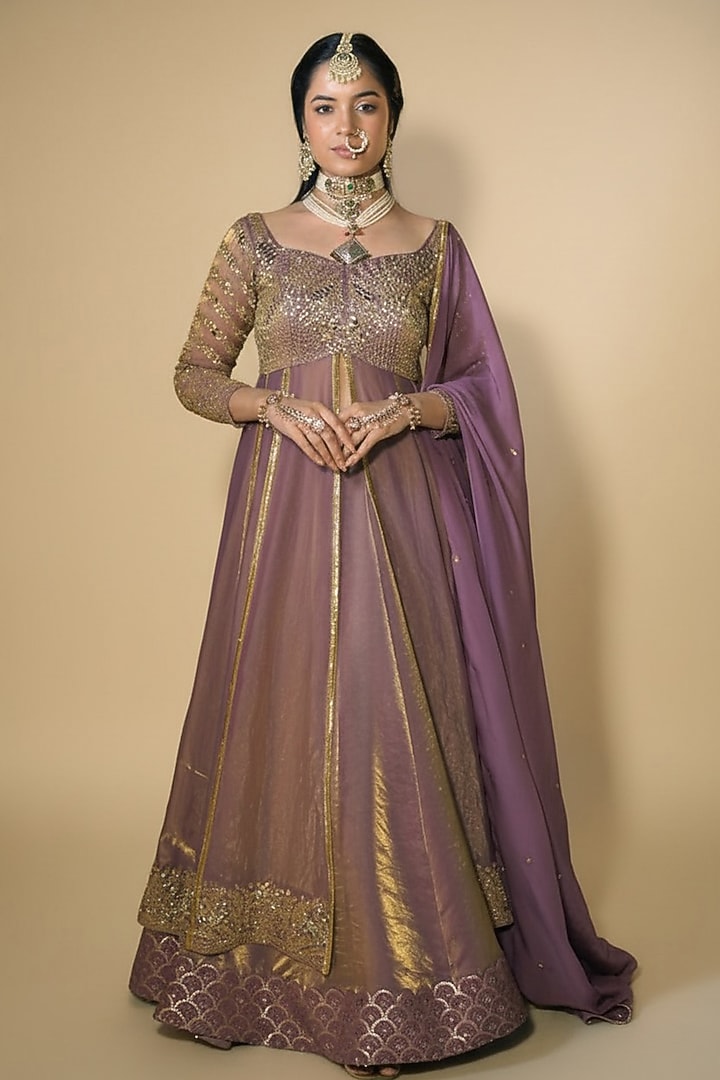 Purple Imported Tissue Sequin Embroidered Layered Wedding Anarkali Set by Label Nilansha Jain at Pernia's Pop Up Shop