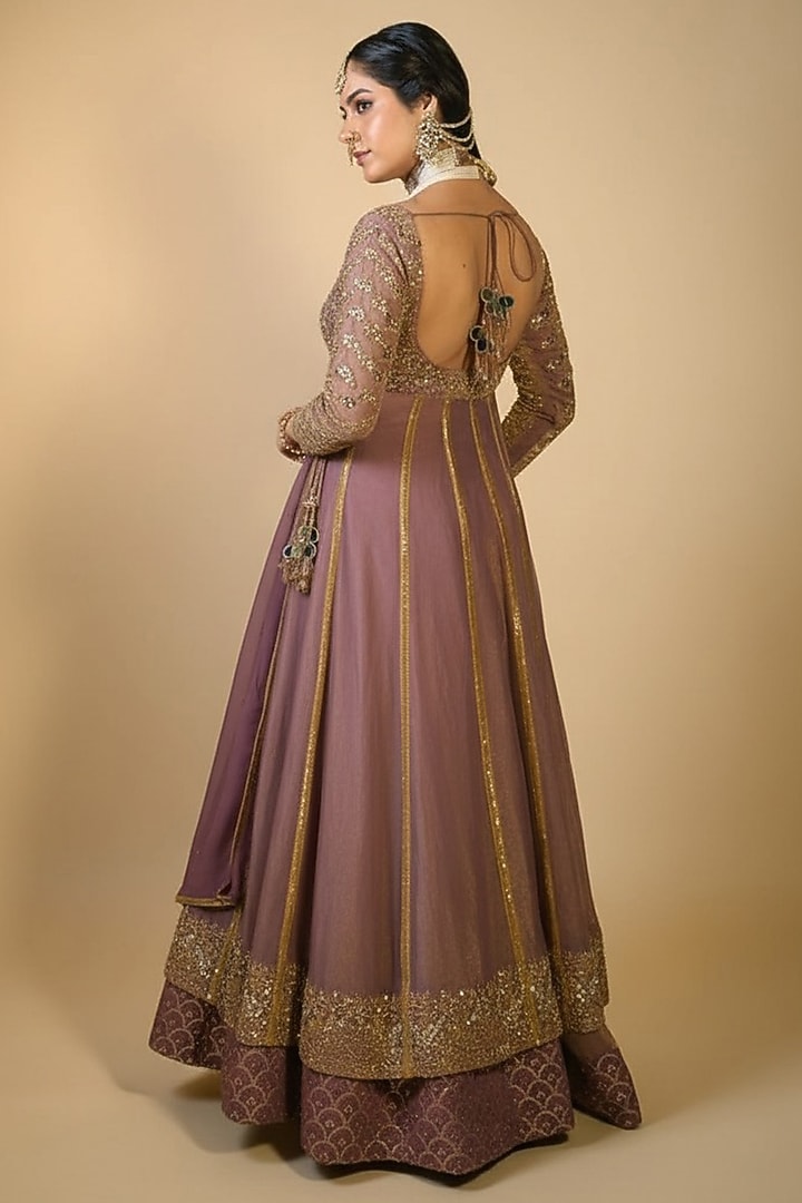 Purple Imported Tissue Sequin Embroidered Layered Wedding Anarkali Set by Label Nilansha Jain at Pernia's Pop Up Shop