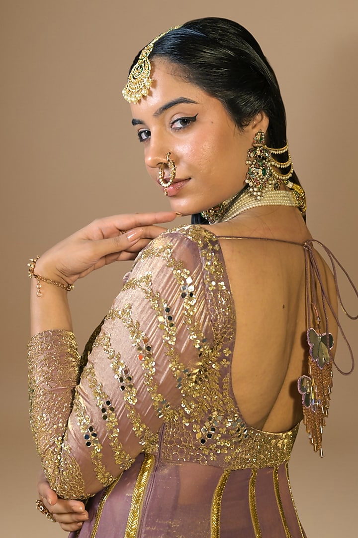 Purple Imported Tissue Sequin Embroidered Layered Wedding Anarkali Set by Label Nilansha Jain at Pernia's Pop Up Shop