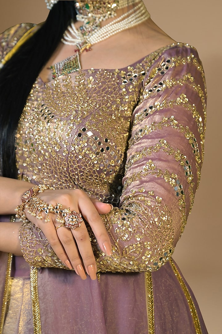 Purple Imported Tissue Sequin Embroidered Layered Wedding Anarkali Set by Label Nilansha Jain at Pernia's Pop Up Shop