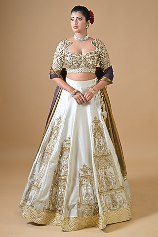 Off-White Imported Silk Cutdana Hand Embroidered Lehenga Set by Label Nilansha Jain