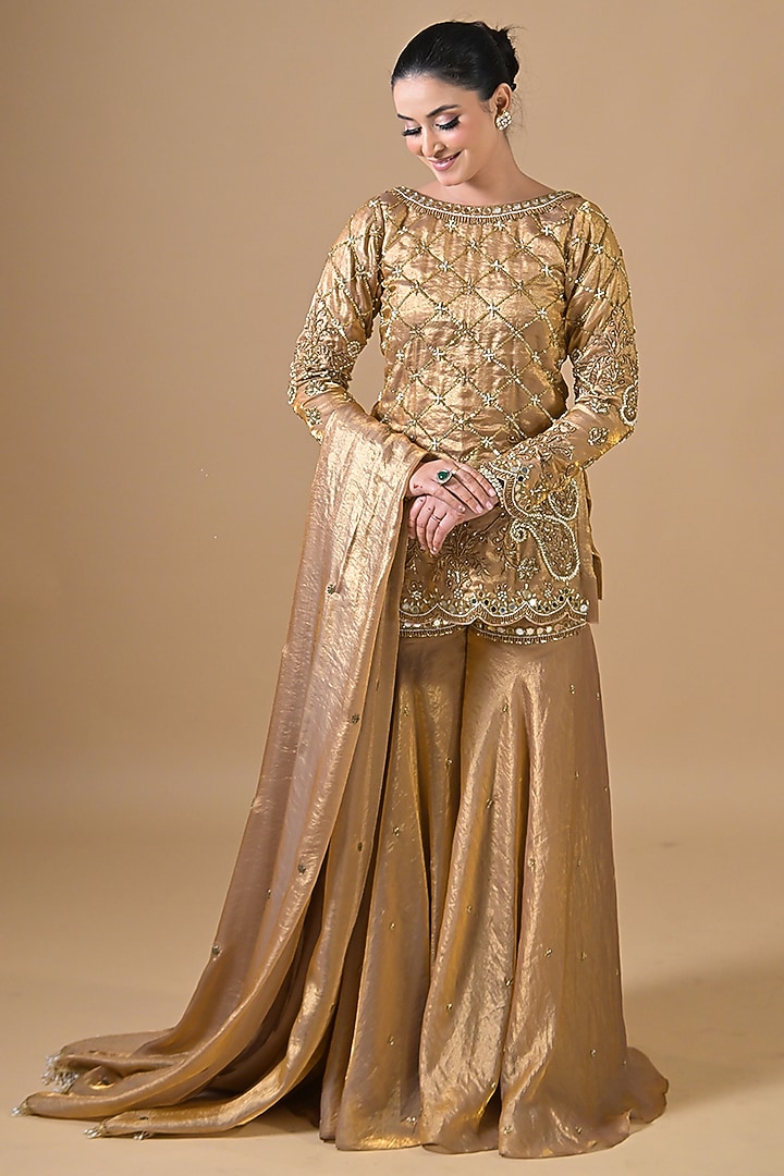 Gold Imported Tissue Wedding Sharara Set by Label Nilansha Jain at Pernia's Pop Up Shop