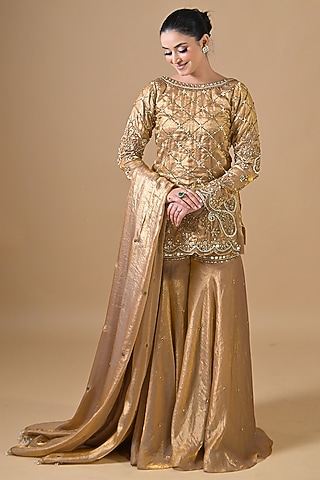 Gold Imported Tissue Sharara Set by Label Nilansha Jain