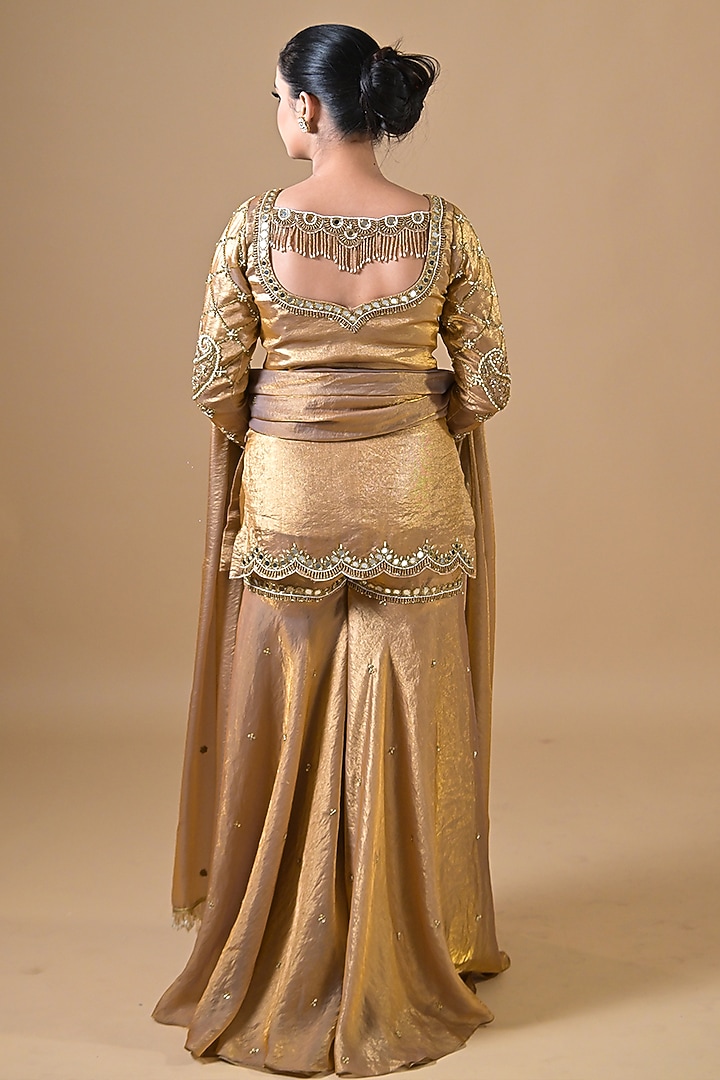 Gold Imported Tissue Wedding Sharara Set by Label Nilansha Jain at Pernia's Pop Up Shop